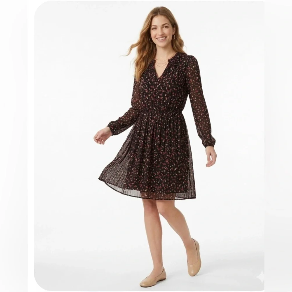 🔥ON SALE! J.Crew Floral  Long Sleeve Mini Dress V-Neck Ruffle Detail Black Sz 4